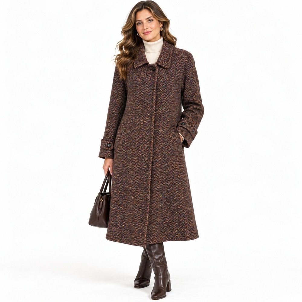 Vintage 70s London Fog Tempo Europa Wool Coat 14 Herringbone Donegal Tweed USA
